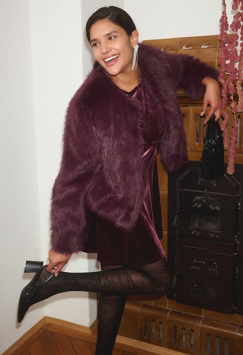 Donna - Pelliccia sintetica corta - Bordeaux