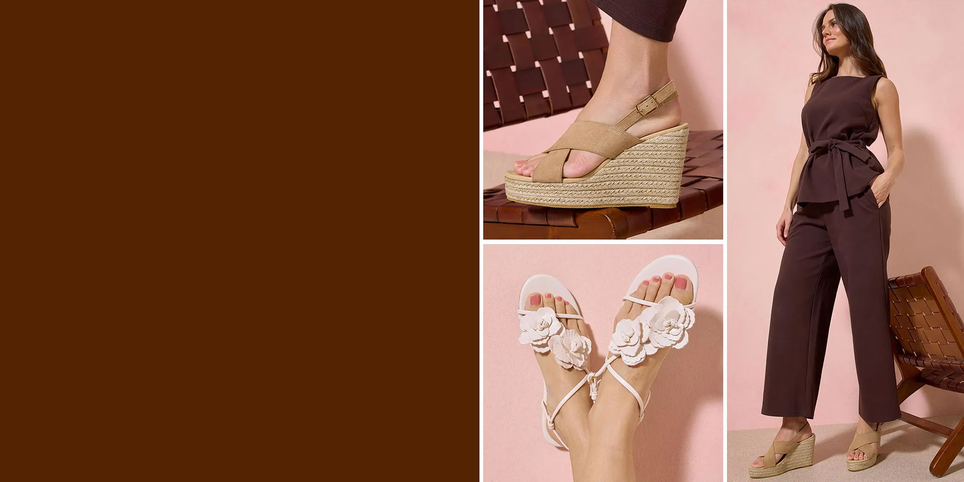 Outfit nei toni del marrone con sandali con zeppa abbinati.