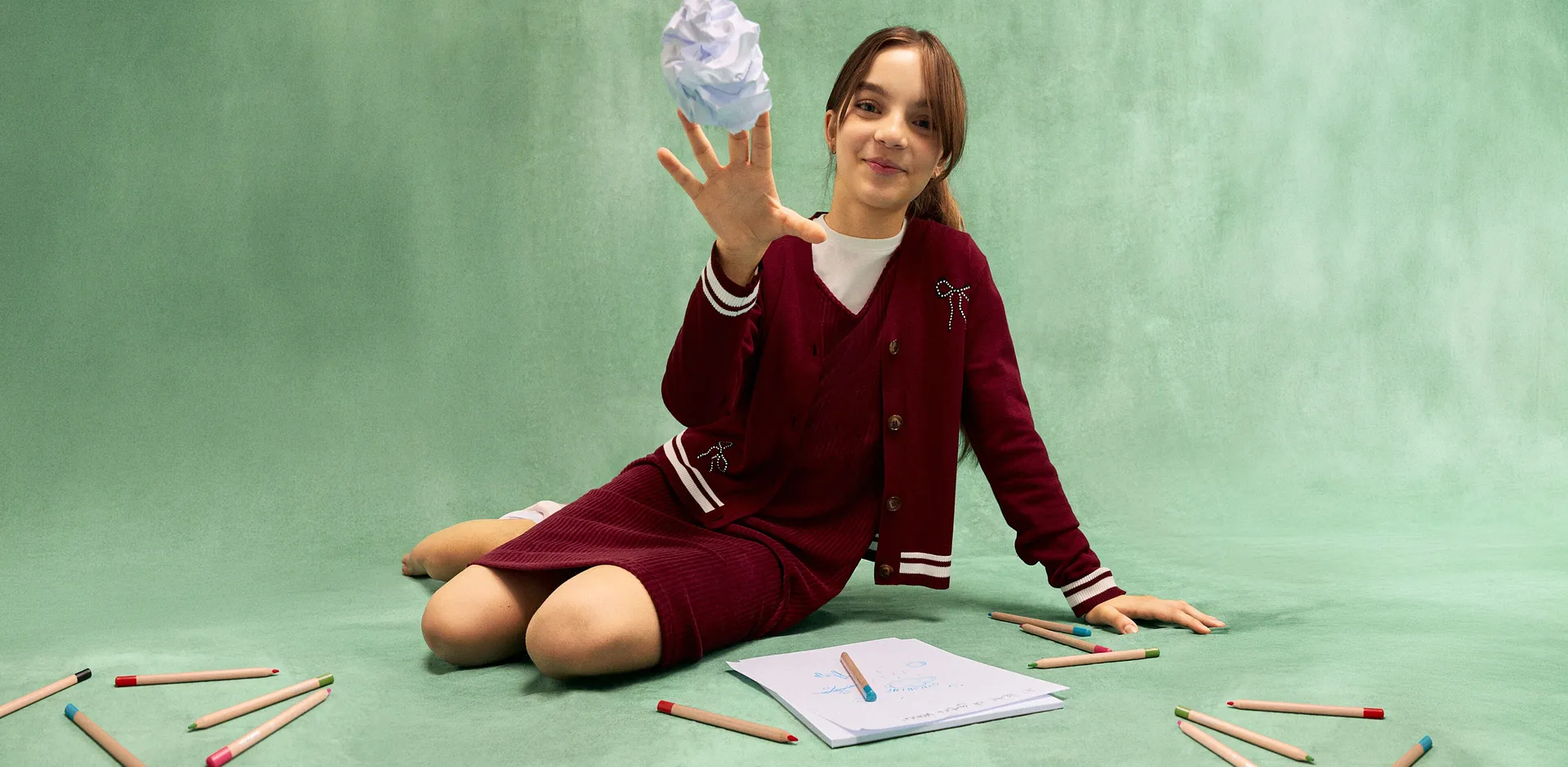 Bambini - Cardigan in maglia fine di misto viscosa - Rosso scuro / bianco panna