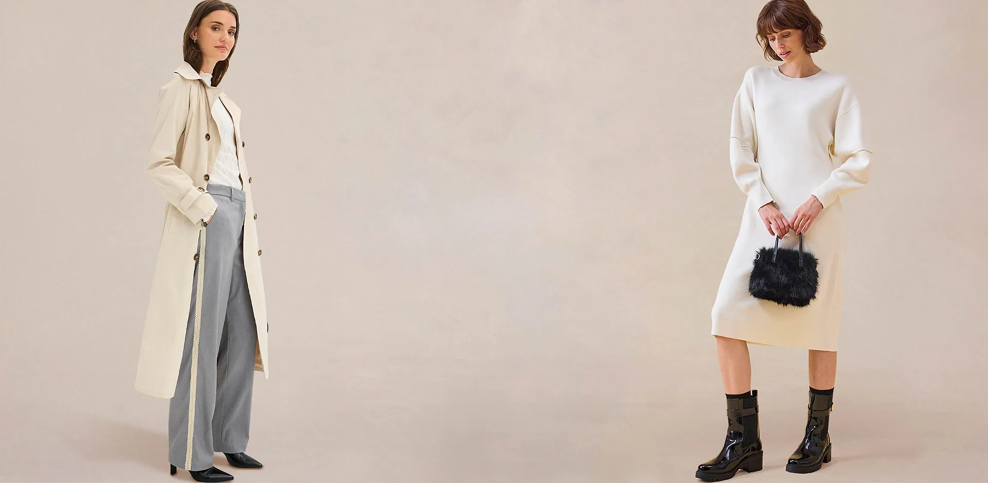 Elegante abbigliamento in maglia color crema: maglione a collo alto e pantaloni larghi.