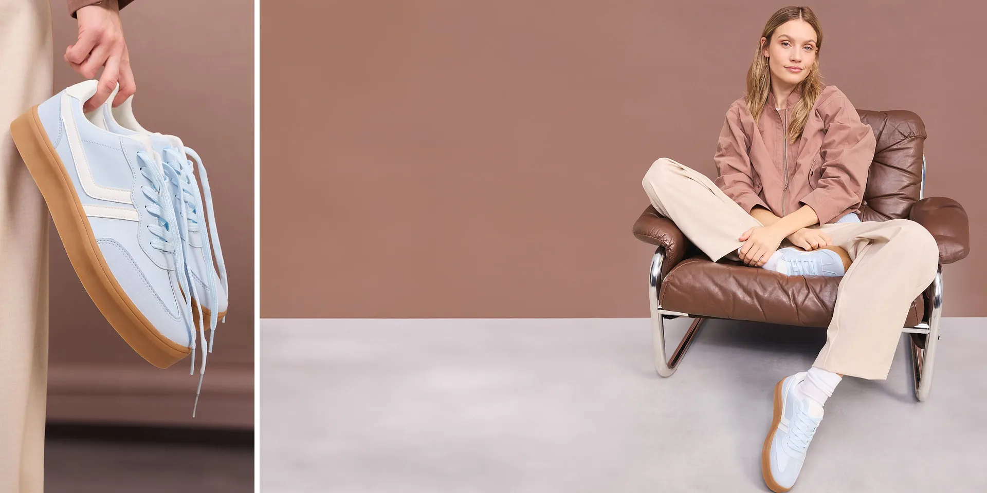 Giacca marrone abbinata a pantaloni beige e sneaker azzurre.