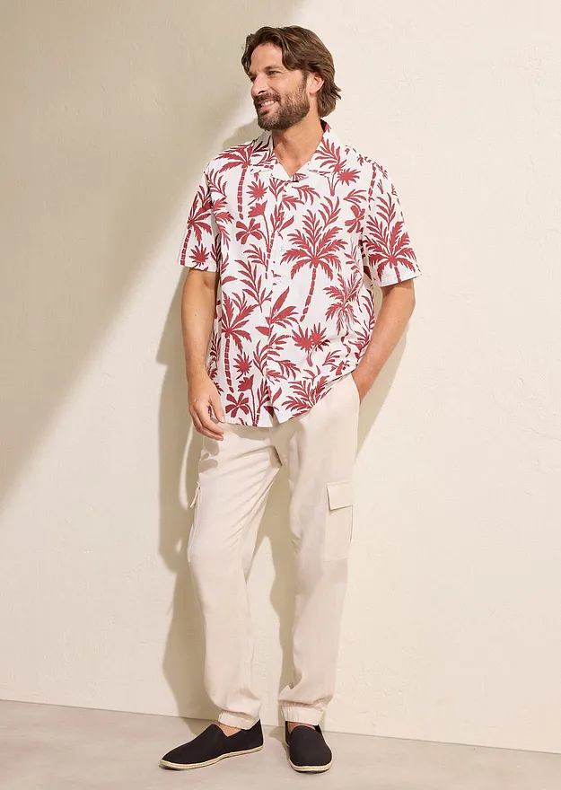 Uomo - Camicia a maniche corte in puro cotone biologico - Bianco crema / rosso deserto
