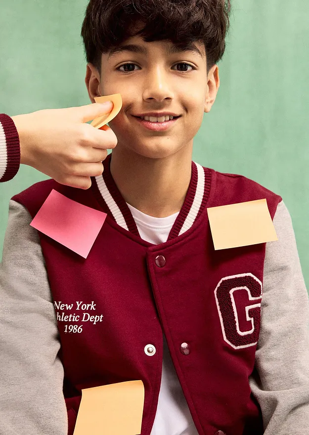 Bambini - Giacca varsity in felpa di cotone morbido - Rosso scuro / grigio chiaro melange stampato