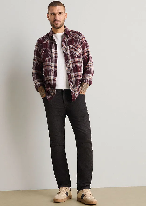 Uomo - Camicia di flanella in puro cotone - Bordeaux a quadri