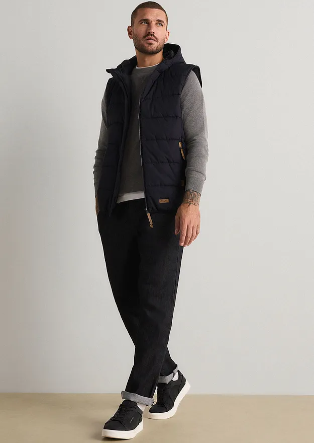 Uomo - Gilet trapuntato con cappuccio e dettagli in similpelle - Nero