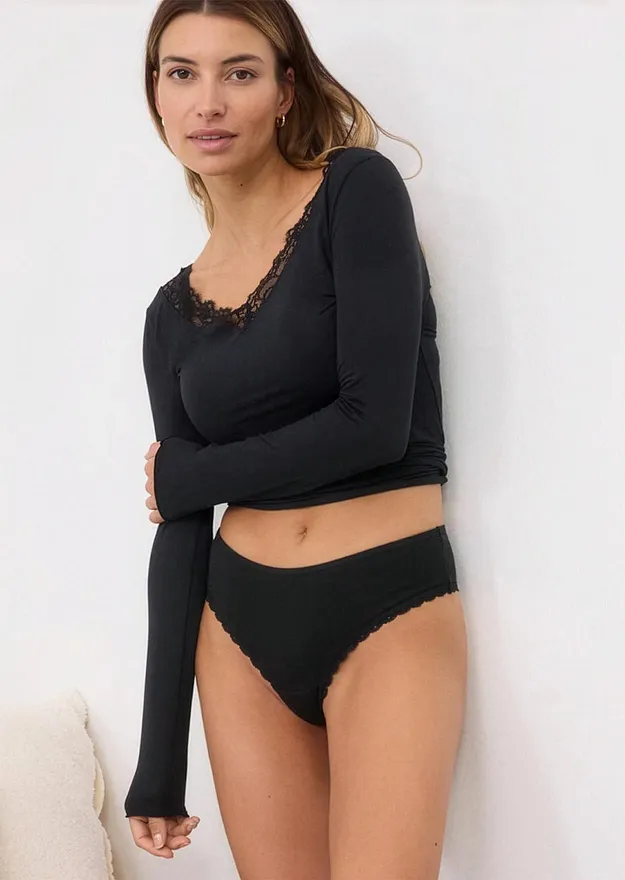 Donna - Maglia a maniche lunghe leggerissima in misto cachemire con scollatura a V e pizzo - Nero