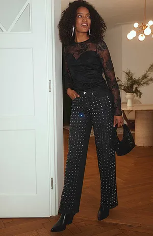 Donna - Maglia a maniche lunghe in pizzo raffinato - Nero