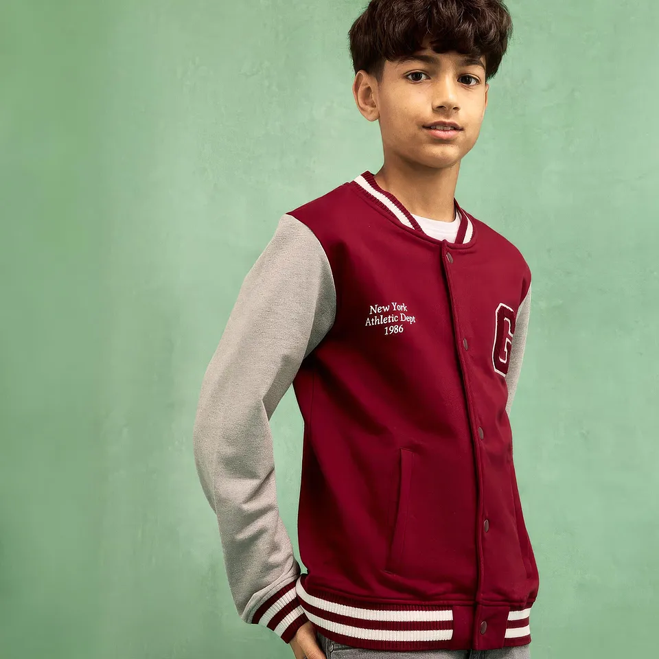 Bambini - Giacca varsity in felpa di cotone morbido - Rosso scuro / grigio chiaro melange stampato