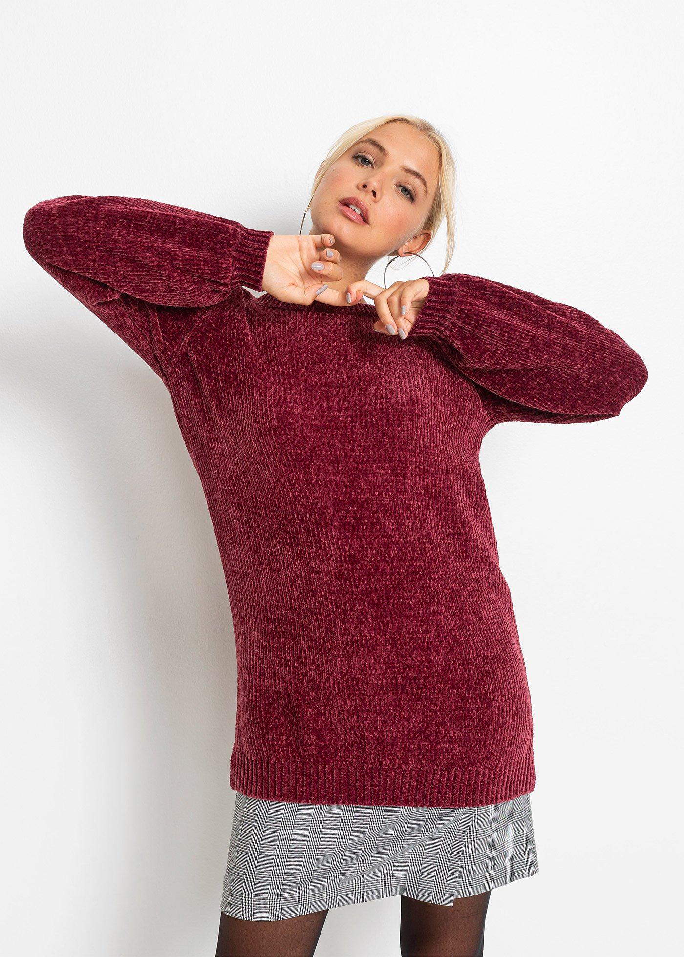 Maglione Lungo In Ciniglia Vellutata Con Spacchi Laterali Rosso Scuro