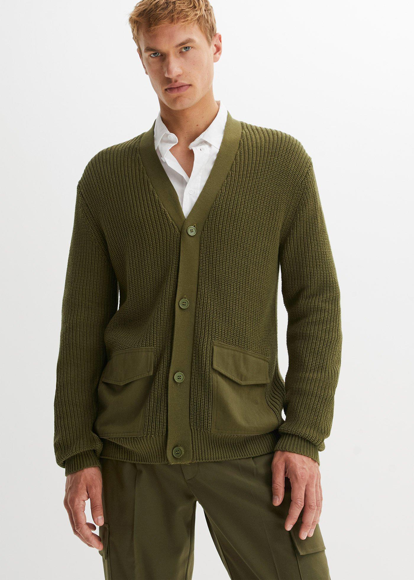 Cardigan Moderno Con Tasche In Tessuto Applicate Verde Cipresso