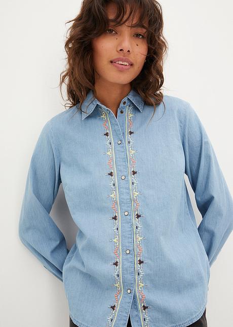 Camicia Di Jeans Oversize Con Bei Ricami Azzurro Denim