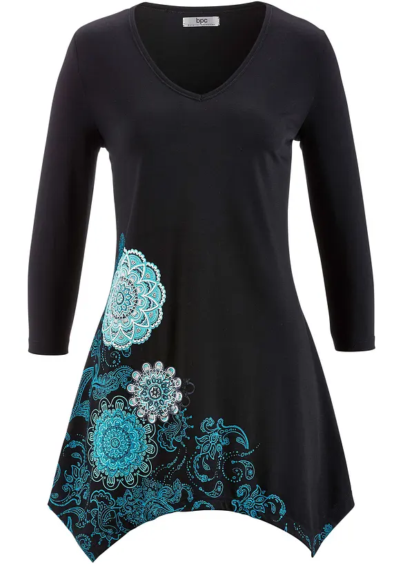 Maglia lunga con fondo asimmetrico, scollo a V e maniche a 3/4, bonprix