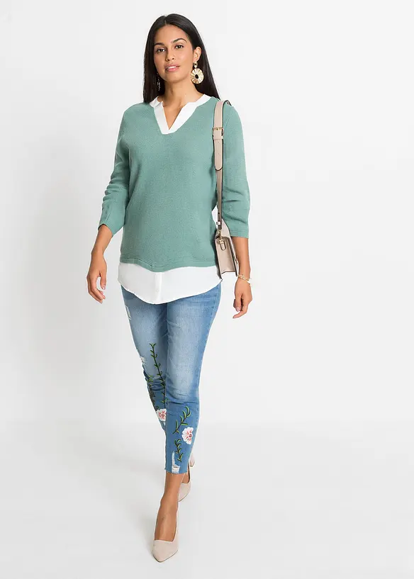 Maglione in filato fine con inserti effetto camicia, bonprix