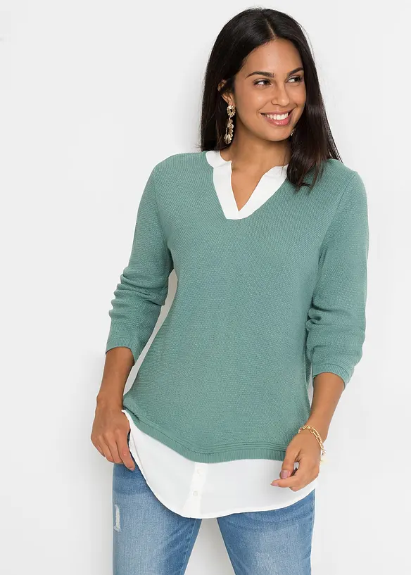 Maglione in filato fine con inserti effetto camicia, bonprix