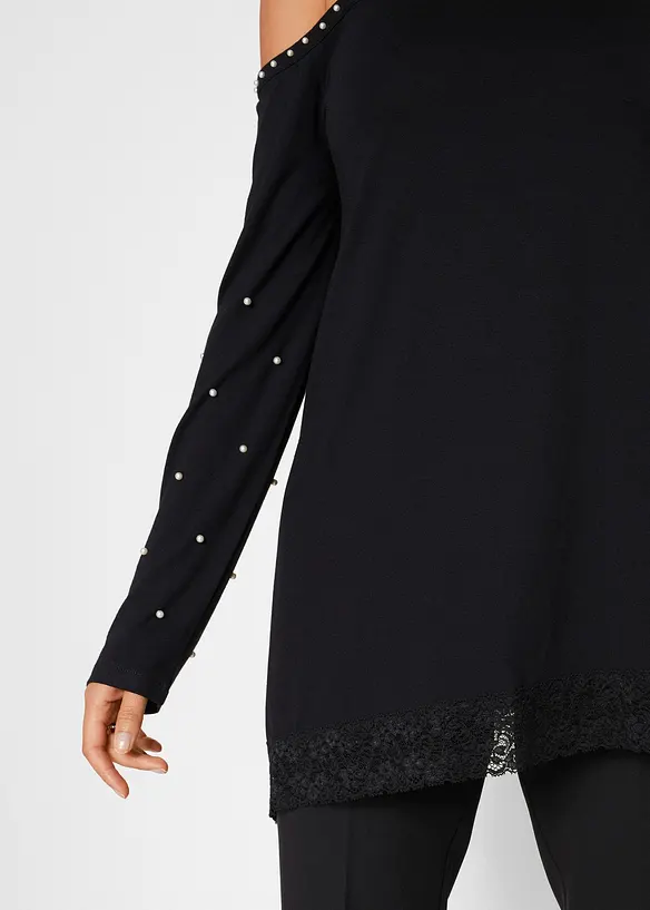 Maglia con cut-out, pizzo e perle, bonprix