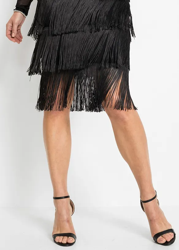 Abito midi in mesh vaporoso con frange, bonprix