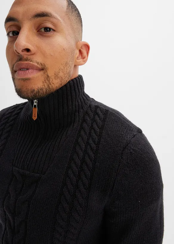 Maglione in filato grosso con zip e lavorazione a trecce, bonprix
