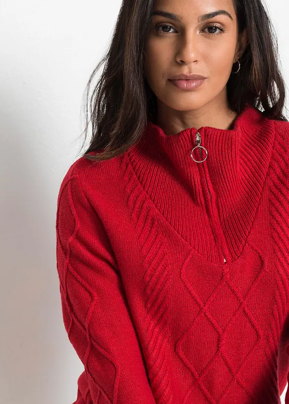 Maglione con zip, colletto e motivo a treccia, bonprix