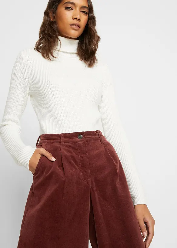 Pantaloni culotte cropped di velluto elasticizzato con cinta comoda, vita alta, bonprix