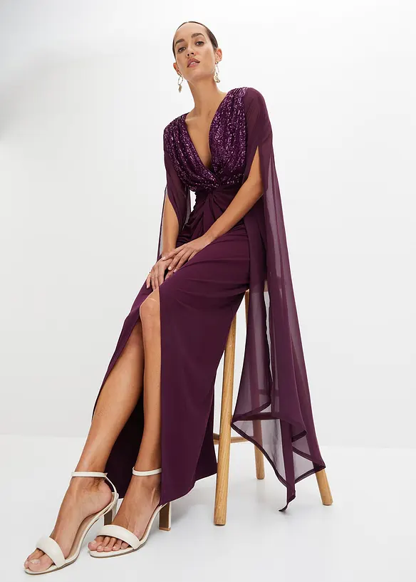 Abito lungo con paillettes e maniche in chiffon, bonprix