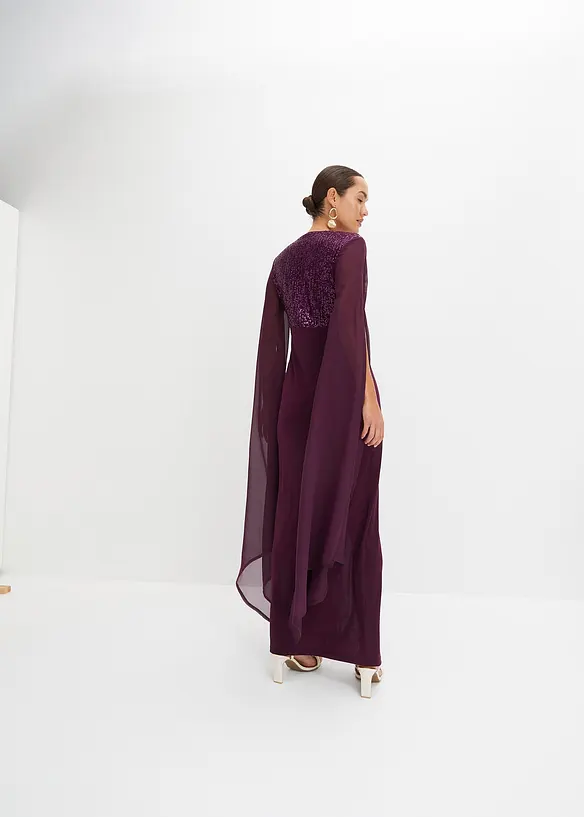 Abito lungo con paillettes e maniche in chiffon, bonprix