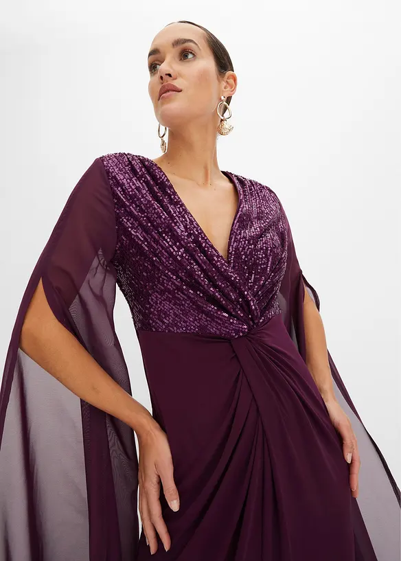 Abito lungo con paillettes e maniche in chiffon, bonprix