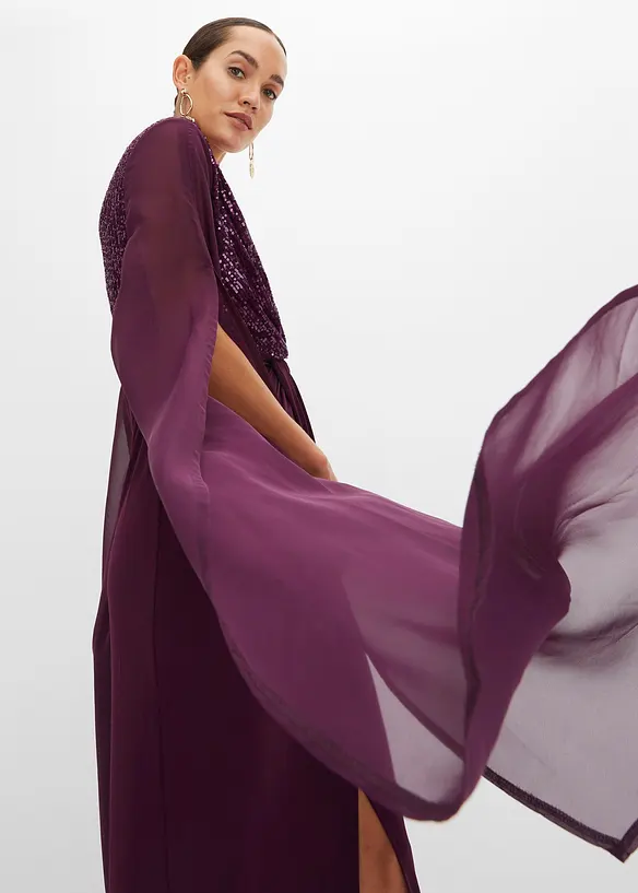 Abito lungo con paillettes e maniche in chiffon, bonprix