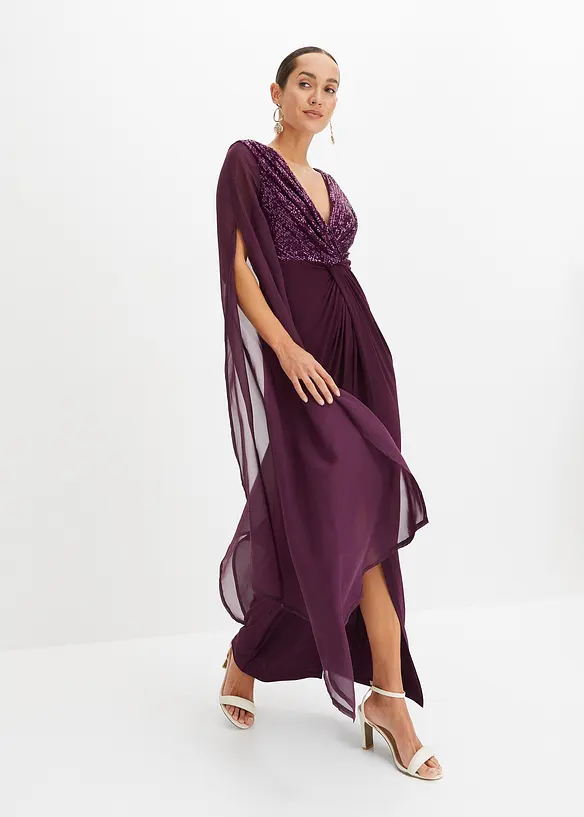 Abito lungo con paillettes e maniche in chiffon, bonprix