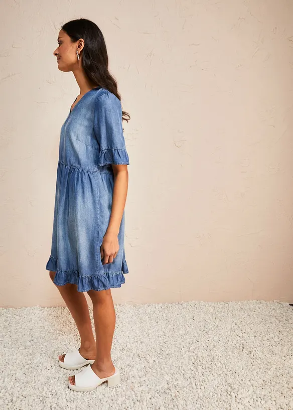 Abito di jeans con volant in Lyocell, bonprix