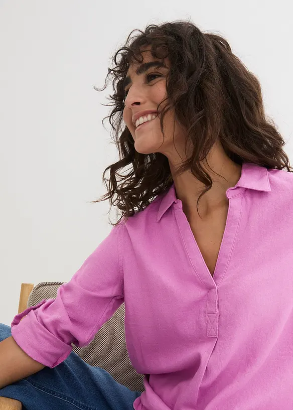 Blusa in misto lino con maniche a 3/4, bonprix