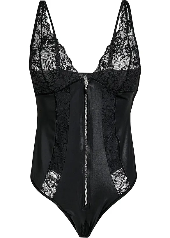 Body con perizoma ouvert, look bagnato e cerniera, bonprix