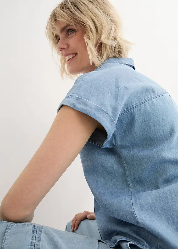 Camicetta di jeans a maniche corte con lino, bonprix