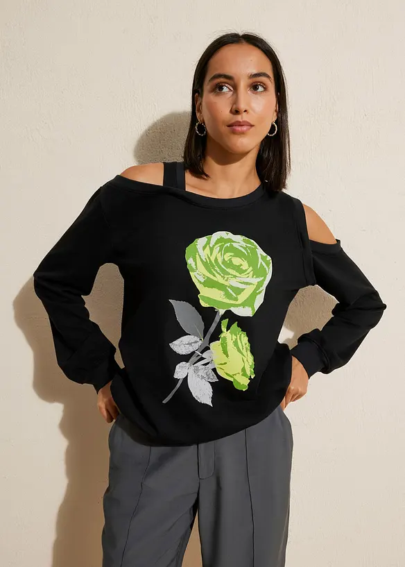 Felpa oversize con rosa stampata, bonprix