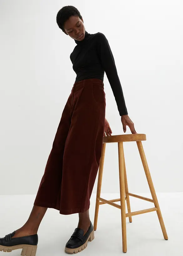 Pantaloni culotte cropped di velluto elasticizzato con cinta comoda, vita alta, bonprix
