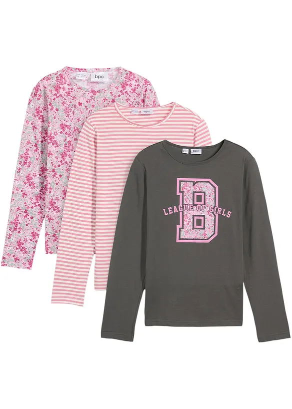 Maglia con maniche lunghe in puro cotone biologico (pacco da 3), bonprix