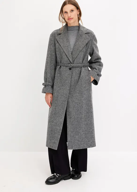 Cappotto con cintura e motivo a spina di pesce, bonprix