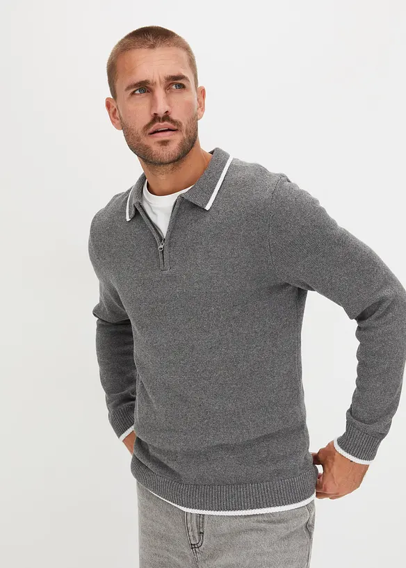 Maglione con colletto a polo e cotone riciclato, bonprix
