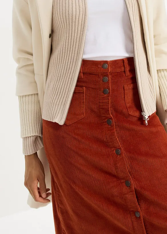 Gonna midi in velluto elasticizzato a coste con bottoni, bonprix
