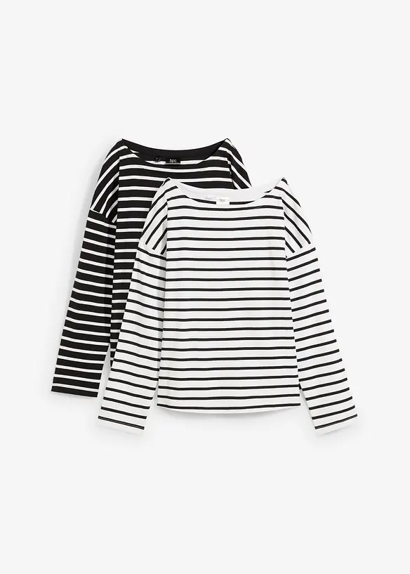 Maglia a maniche lunghe in cotone biologico con scollo leggermente a barca (pacco da 2), bonprix
