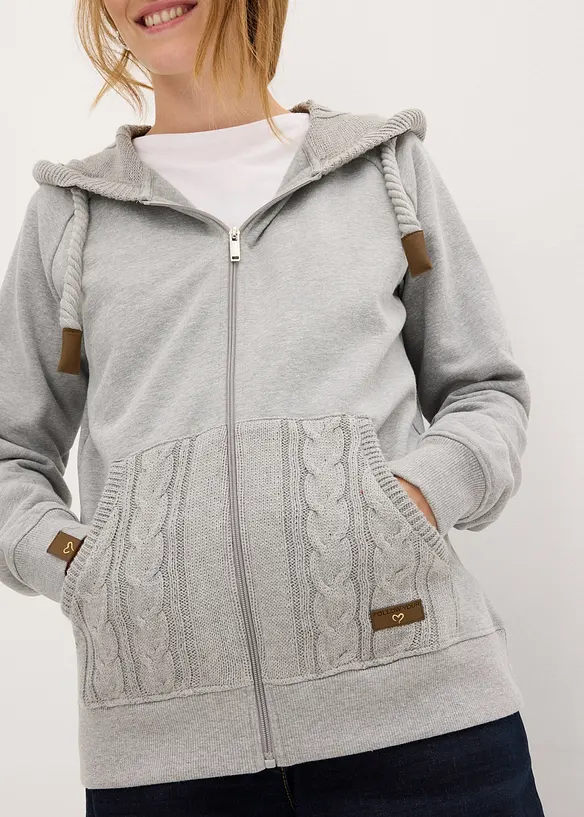 Felpa con zip, cappuccio in maglia e tasche, bonprix