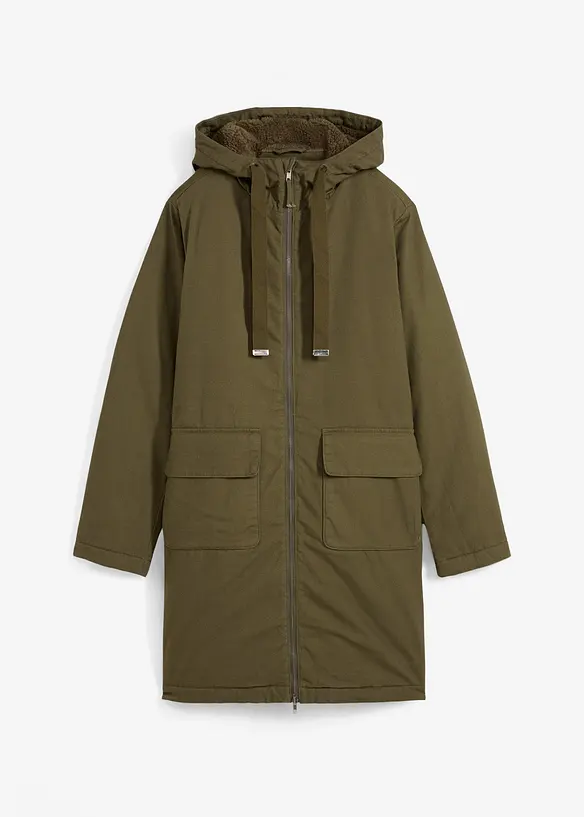 Giubbotto invernale ampio con cappuccio e fodera teddy, bonprix