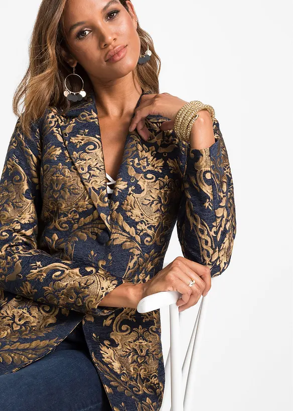Blazer corto in fantasia jacquard dorata, petite, bonprix