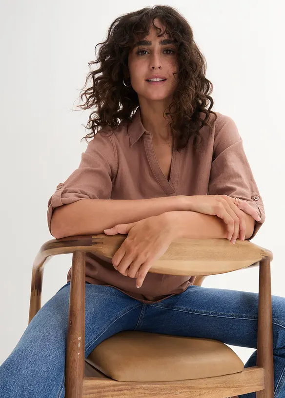 Blusa in misto lino con maniche a 3/4, bonprix