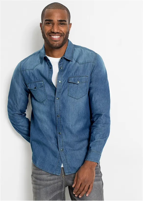 Camicia di jeans a maniche lunghe in puro cotone, slim fit, bonprix
