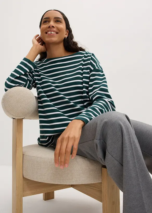 Maglia a maniche lunghe in cotone biologico con scollo leggermente a barca (pacco da 2), bonprix
