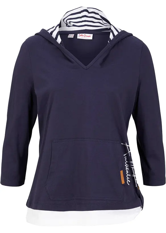 Maglia con cappuccio e maniche a 3/4 in puro cotone, bonprix