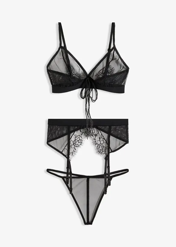Bralette + perizoma + reggicalze (set 3 pezzi), bonprix