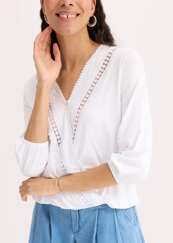 Maglia effetto a portafoglio con maniche a 3/4 e pizzo, bonprix
