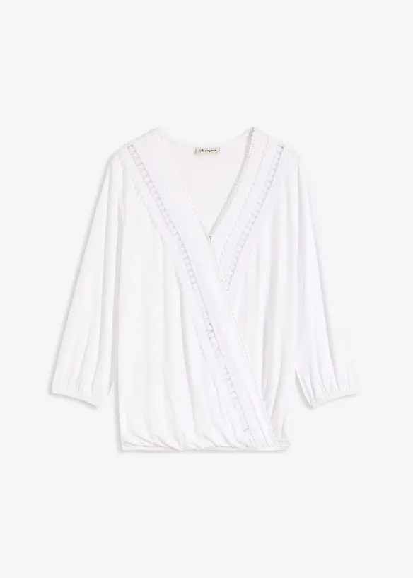 Maglia effetto a portafoglio con maniche a 3/4 e pizzo, bonprix