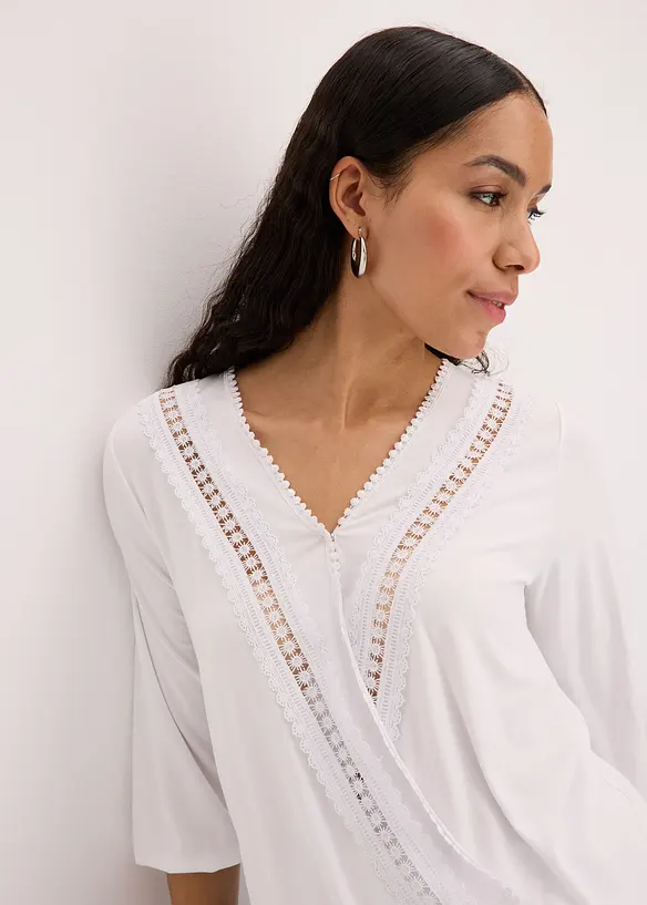 Maglia effetto a portafoglio con maniche a 3/4 e pizzo, bonprix